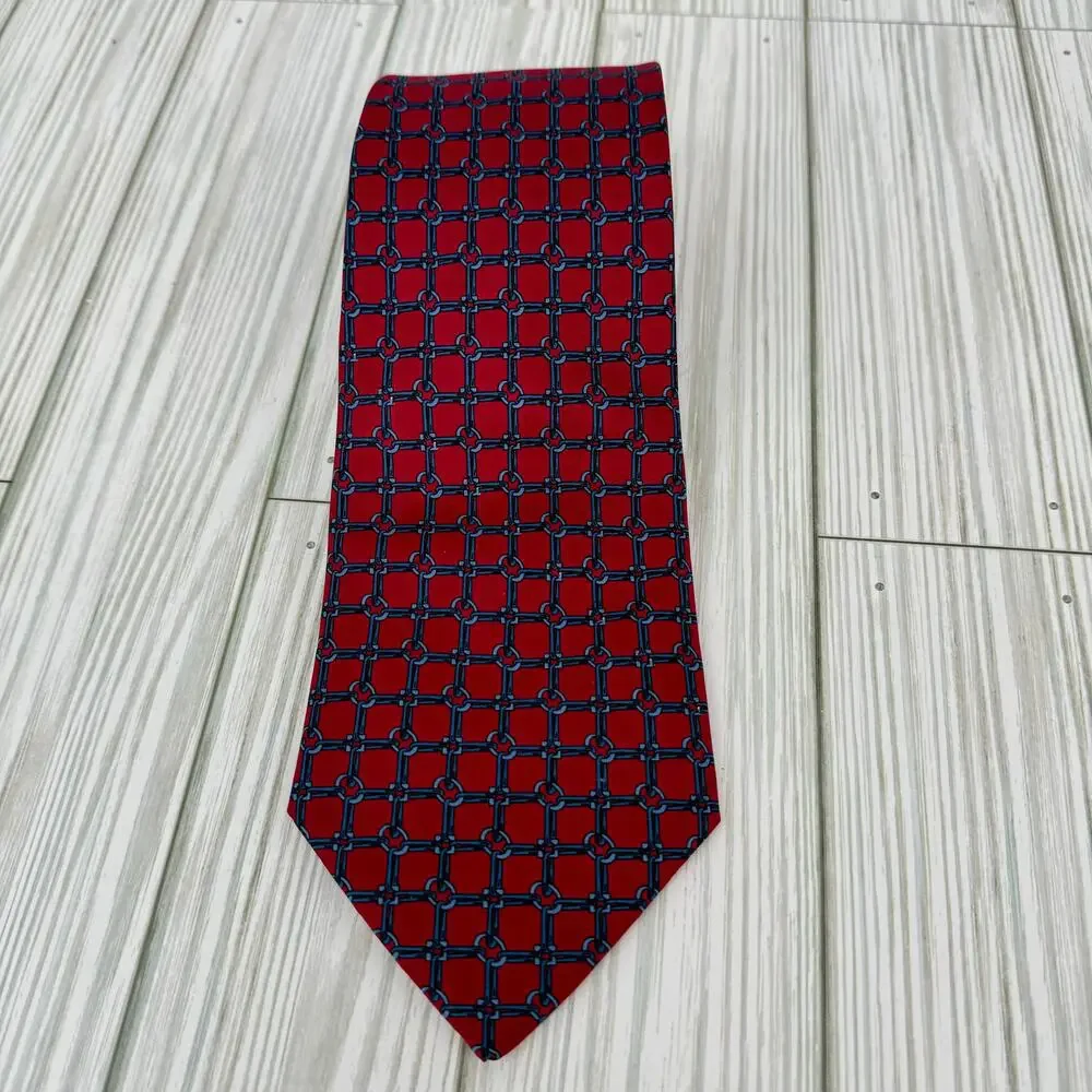 Guy Latour tie 100% silk chain link equestrian red blue office career
